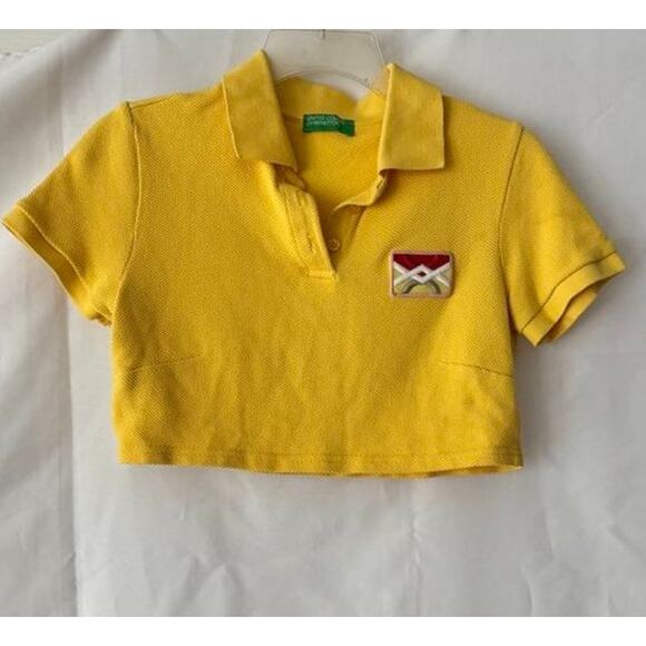 United Colors of Benetton Yellow Cropped Polo Shirt Embroidered Patch - Picture 11 of 12
